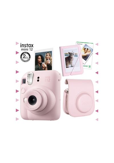 Fujifilm Instax Mini 12 Fotoğraf Makinesi + 10'lu Film + Mini Albüm + Deri Kılıf Seti Pembe