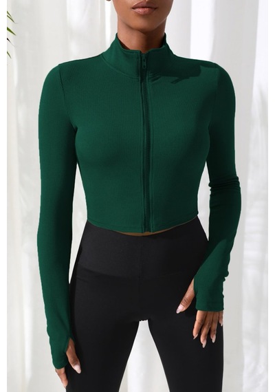 Najmaddin.com Beru Kadın Yeşil Uzun Kol Fermuarlı Parmak Geçme Detaylı Dik Yaka Crop Top Bluz