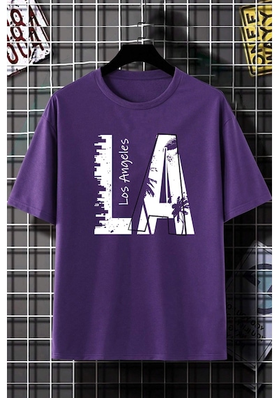 Unisex Los Angles Baskılı Tasarım Tshirt Mor