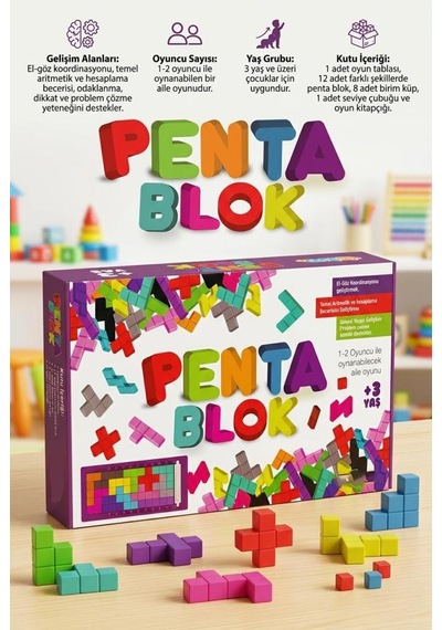 22 Parçalı Renkli 12 Çeşitli Şekilli Penta Bloklu 1-2 Kişilik Zeka Geliştirici Eğitici Oyuncak Seti