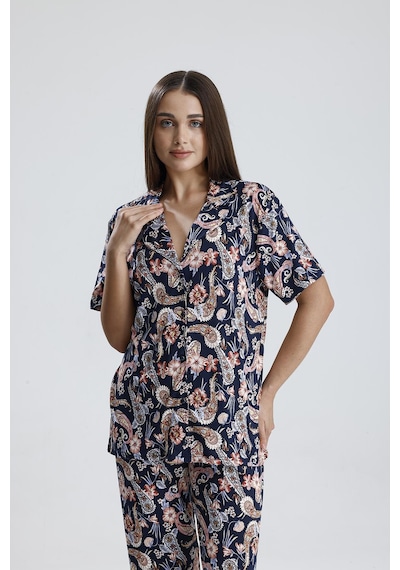Kompedan Kadın Önden Düğmeli Şal Desen Pijama Takım Şal Dsn2