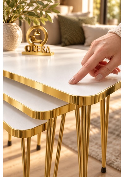 Odera Beyaz Tel Zigon Sehpa 3'lü Set Metal Ayaklı Modern Retro Salon Sehpası Diğer