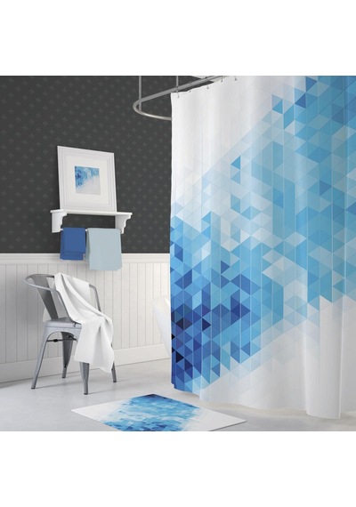 Banyo Paspas Ve Tek Kanat Duş Perdesi 1x180x200 Set Banyo Halısı Blue Square Beyaz