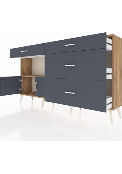 Arges Konsol Tek Raflı 4 Çekmeceli 2 Kapaklı 176x30x99 Çam-antras Çam-antrasit