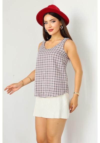 Lupinn Moda Kadın Kare - Ekose Desenli Kolsuz Yazlık Bluz Şık Ve Rahat Tasarım Beyaz