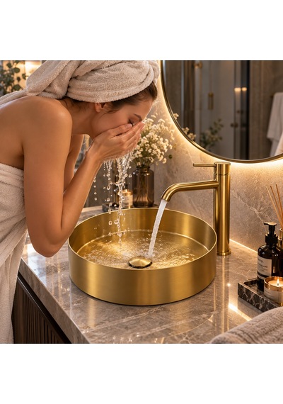 Alfas Aura Round 40 Cm Pvd Mat Gold Tezgah Üstü Çanak Lavabo 304 Paslanmaz Çelik