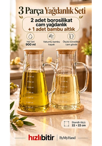 Bymyhand Ahşap Vakumlu Kapaklı Ahşap Stantlı Borosiklat Cam Yağdanlık Sirke Sos Ve Yağlık 900 Ml 3'l Şeffaf