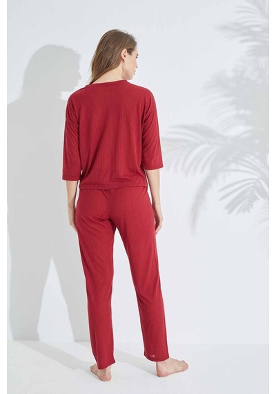 Siyah İnci Soft Touch Ince Örme Nakışlı Pijama Takım Bordo