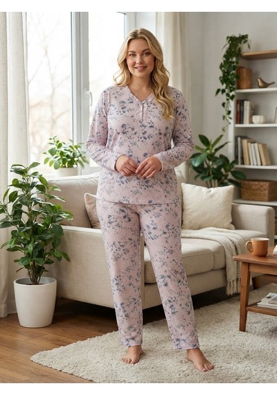 Büyük Beden Yumuşak Tuşeli Uzun Kol Likralı Pijama Takımı 8733 Pembe