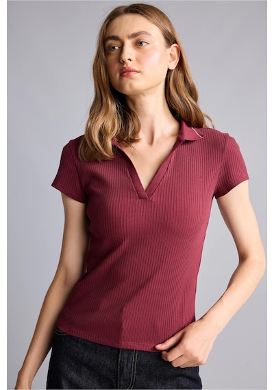 Defacto Slım Fıt Kaçık Yaka Basic Fitilli Kısa Kollu Bordo Polo Tişört G8735ax26spbr115 Bordo-br115
