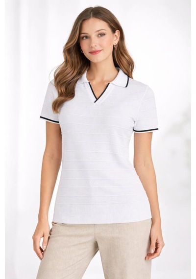 Wear Vexel Kadın Yazlık Dokuma Triko Tişört Düğmesiz Polo Yaka Kısa Kol T-shirt - Beyaz Beyaz