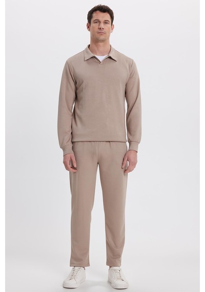 Tudors Erkek Slim Fit Dar Kesim Beli Bağcıklı 3 Cepli Geniş Paça Koyu Vizon Eşofman Altı-41914 Vizon