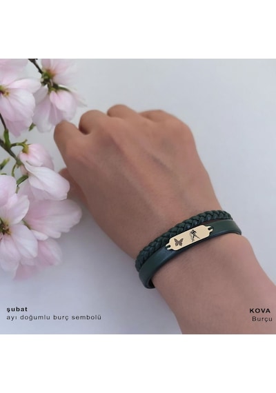 Archin Kova Burçları İçin 14 Ayar Altın Plakalı Koyu Yeşil Derili Kelebek Motifli Hediye Bileklik-656burç Kova Archin Kova Burçları İçin 14 Ayar Altın Plakalı Koyu Yeşil Derili Kelebek Motifli Hediye Bileklik-656burç Kova