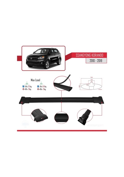 Ssangyong Korando C 2010-2019 Arası İle Uyumlu Fly Model Ara Atkı Tavan Barı Siyah 3 Adet Bar