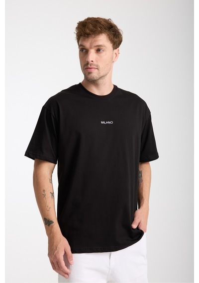 Erkek Milano Nakış Yazılı Oversize Bisiklet Yaka T-shirt Siyah