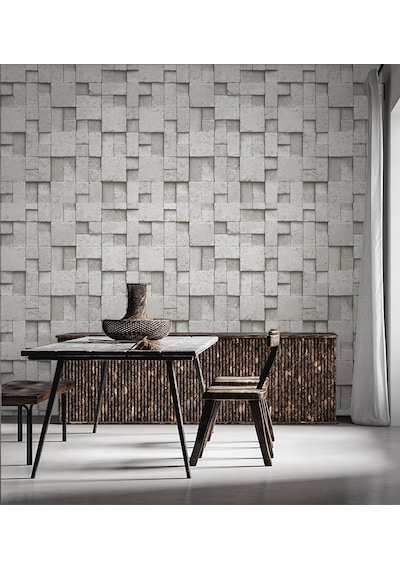 Kare Gri Taş Desen Duvar Kağıdı 16m2 - 6755-1 Çok Renkli