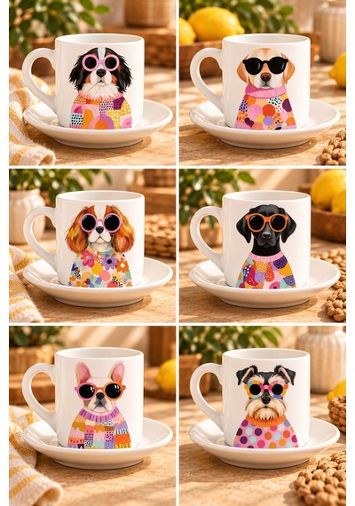 Havalı Köpek Desenli 6'lı 12 Parça Kahve Fincanı Seti - Hediye Porselen Kahve Fincanı Seti Dog White