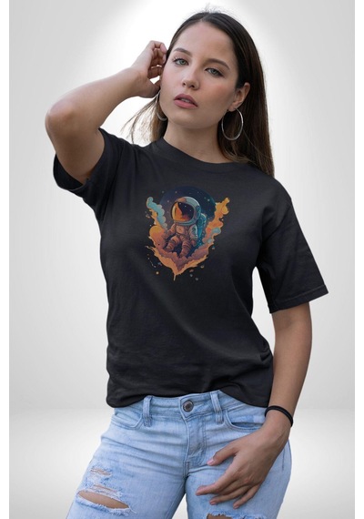 Bulutlar Astronot Uzay Unisex Unisex Siyah Organik Baskılı T-shirt Penye Yüksek Kalite Siyah
