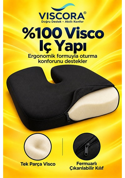 Visco Kuyruk Sokumu Oturma Minderi Araba, Ofis Ve Ev İçin U Şekilli Kaymaz Taban Siyah