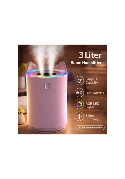 3 Litre Oda Hava Nemlendirici Çift Nozul Humidifier Rgb Led Işıklı Buhar Makinesi