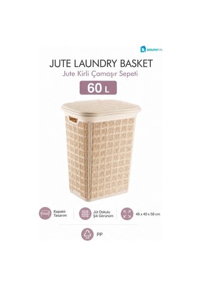 Jute Kirli Çamaşır Sepeti 60 L 46x40x58 Cm Oyuncak Saklama Taşıma Banyo Düzenleyici Sepet Bej