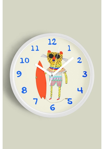Sörf Tahtalı Leopar Çocuk Odası Duvar Saati - 25cm - Önü Camlı Beyaz Kasa - Sessiz Mekanizma-jh1166 Beyaz