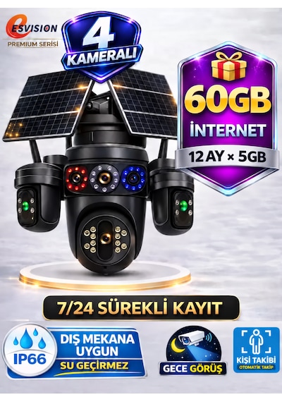 Esvision 7020 Kameralı 4g Çift Solar Panel Gece Görüş 12ay X 5gb İnternet Akıllı Kamera