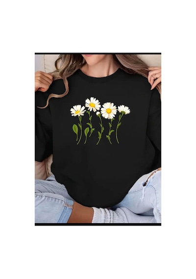 Medinenur Papatya Çiçekleri Baskılı Bisiklet Yaka Şardonlu Sweatshirt Siyah