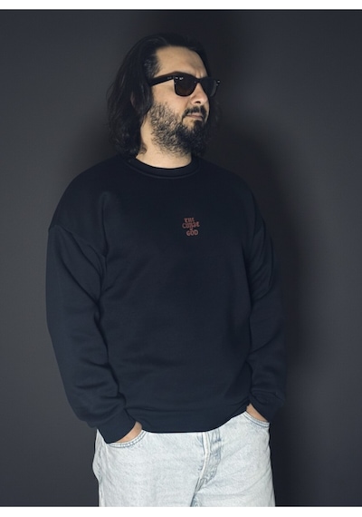 Dark Line The Curse Of God Sırt Baskılı %100 Pamuk Unisex Siyah Oversize Sweatshirt Siyah