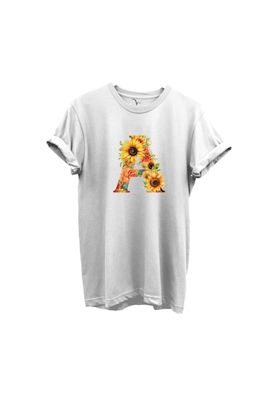 Ayçiçek Desenli A Harfi Baskılı %100 Pamuk Regular Fit Unisex T-shirt Beyaz