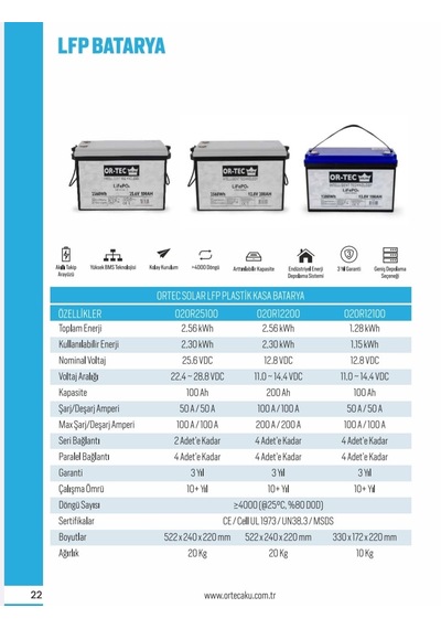Ortec 25.6v 100ah Lfp Lityum Akü 2560wh Akıllı Bms Bluetooth Destekli Solar Akü