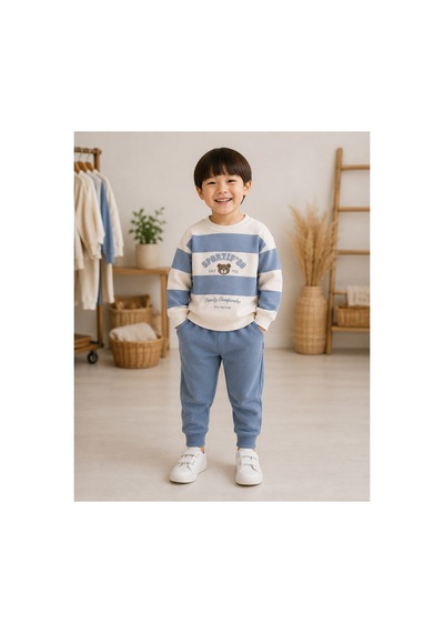 Minaminokids Erkek Çocuk Ayıcık Baskılı Çizgili İkili Takım Mavi