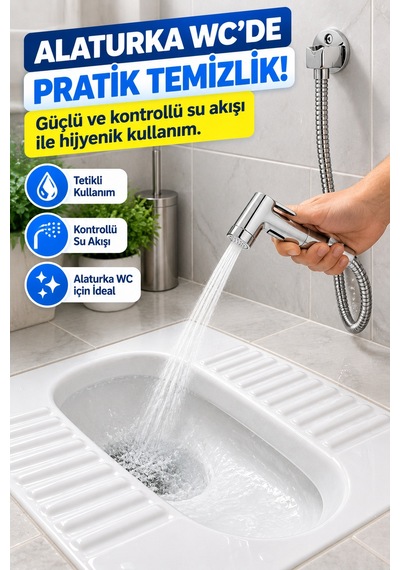 Krom Tabancalı Taharetmatik Taharet Musluğu Seti 100 Cm Spiral Çelik Hortumlu Duvar Askılı Wc Spreyi