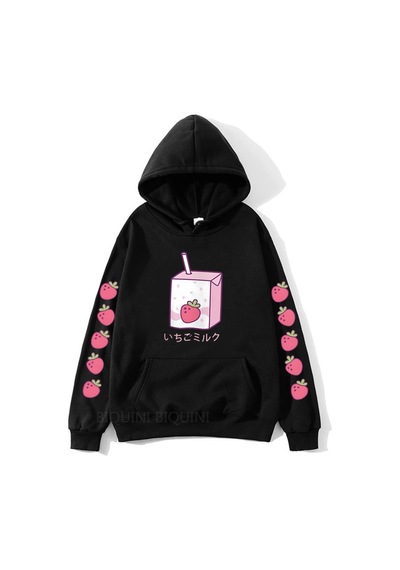 Startmore Gri Çilek Süt Karikatürhoodies Kawaii İçin Siyah