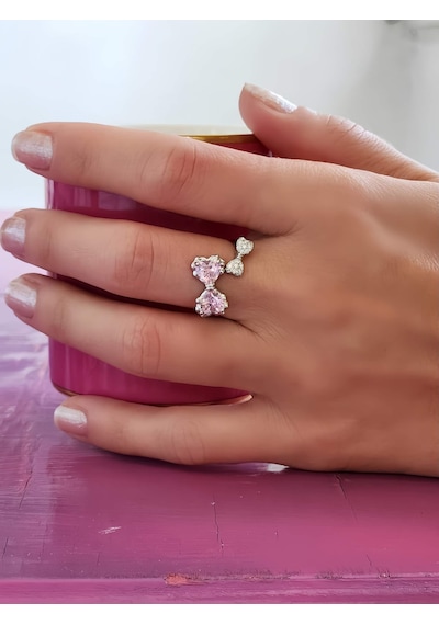 Eva Takı Store Papyon Fiyonk Model Pembe Taşlı Ayarlanabilir Silver Renk Çelik Yüzük Silver
