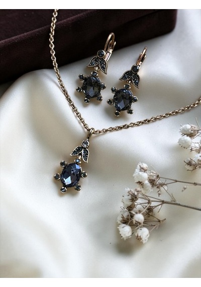 Oval Kristal Taşlı Kolye Ve Küpe Seti Gri
