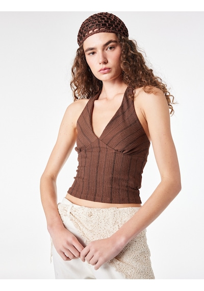 Koton Bürümcük Kumaş Slim Fit Bel Vurgulu Çizgili Halter Yaka Bluz Kahverengi Çizgili 6sal30285ık Kahve Çizgili