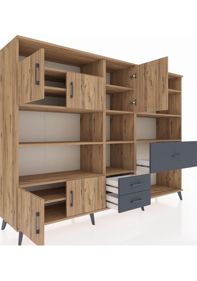 Hyperion Dolap 13 Raflı 3 Çekmeceli 5 Kapaklı 220x44x163 Çam-çam/ Çam-çam/antrasit