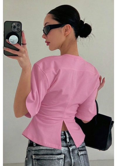 Kadın Pembe Kısa Kollu Sırt Dekolteli Slim Fit Bluz/t-shirt Pembe