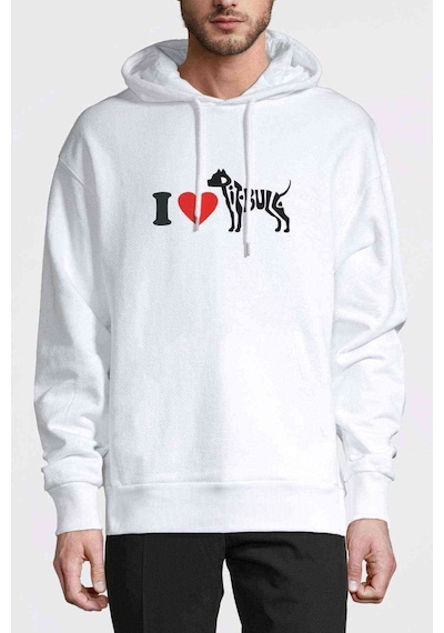 I Love Pitbull Baskılı Beyaz Erkek Örme Kapşonlu Sweatshirt
