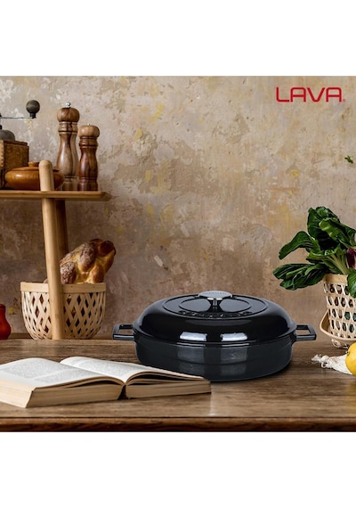 Lava Döküm Çok Amaçlı Yayvan Tencere. Kubbe Form Kapaklı Folk Serisi Çap(Ø)28cm.