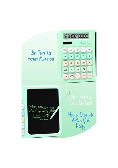 Lcd Ekran Yazı Tahtalı Hesap Makinesi 12 Haneli Tabletli Hesap Makinesi Pastel Yeşil