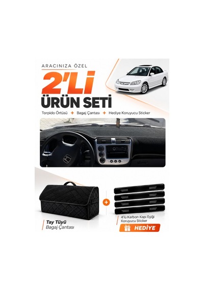 E-biz Honda Civic Vtec2 2002-2005 Uyumlu Torpido Örtüsü + Tay Tüyü Bagaj Çantası - Siyah - Ho009