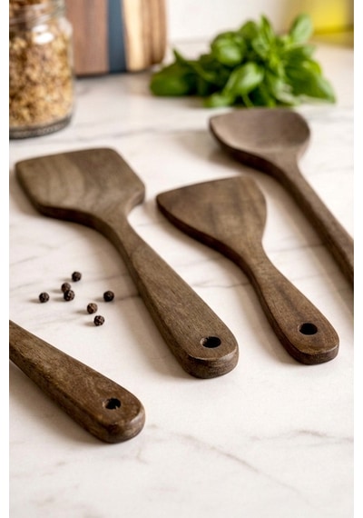 5 Parça Akasya Servis Takımı - Akasya Servis Kaşık Spatula Kepçe Seti Servis Seti Kahverengi