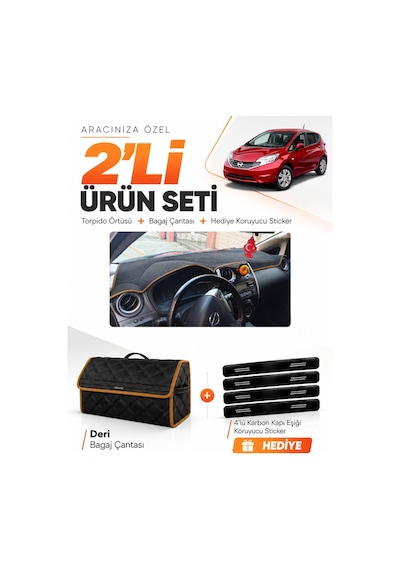 Nissan Note E12 2009-sonrası Uyumlu Torpido Örtüsü + Deri Çanta + Sticker - Siyah Kahverengi