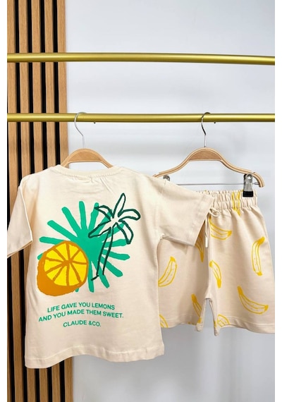 Monila Kız Çocuk Pamuklu Bisiklet Yaka Baskılı T-shirt Ve Şort Alt Üst Takım Taş