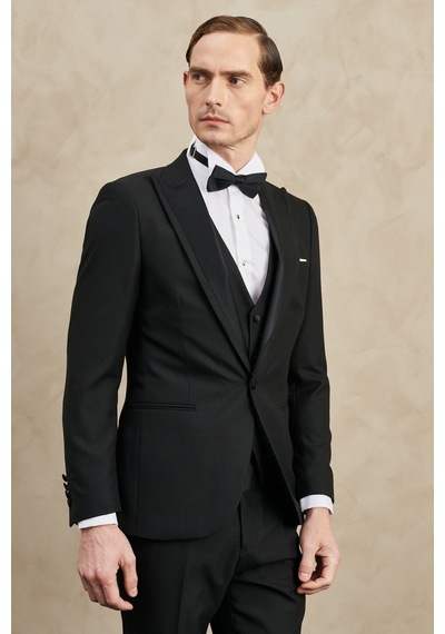 Ac&Co / Altınyıldız Classics Erkek Sıyah Slim Fit Dar Kesim Kırlangıç Yaka Desenli Klasik Smokin Takım Sıyah Siyah