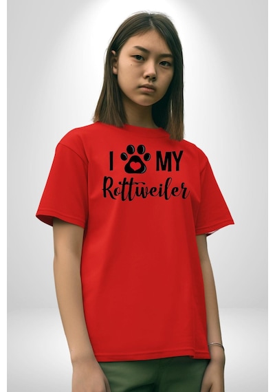 Köpek Sevgisi Rottweiler Pamuklu Bisiklet Yaka Unisex Oversize Boyfriend Dijital Baskılı Kırmızı T-shirt Kırmızı