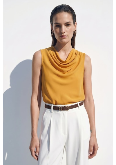 Sateen Degaje Yaka Kolsuz Bluz - Hardal-137384