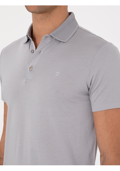 Taş Slim Fit Desenli Polo Yaka T-shirt Gri